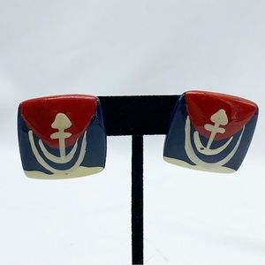 Vintage Anchor Red and Blue Handpainted Square Post Earrings